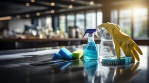 Cleaning maintenance for businesses tools on countertop including spray bottle, sponges, brush, and protective gloves.