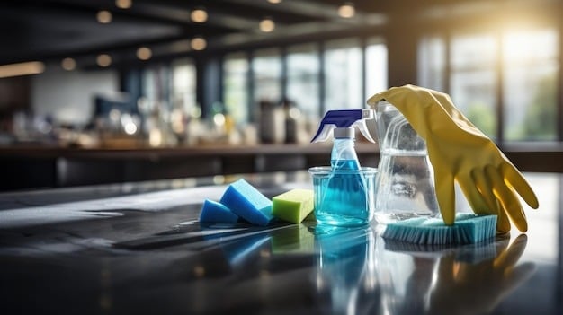 Cleaning maintenance for businesses tools on countertop including spray bottle, sponges, brush, and protective gloves.