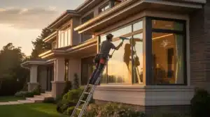 Professional team delivering premier window cleaning service to enhance home exterior with spotless glass and improved natural light.