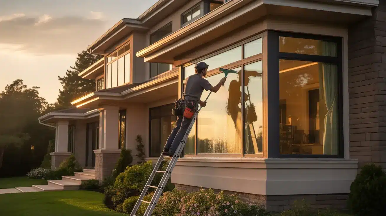 Professional team delivering premier window cleaning service to enhance home exterior with spotless glass and improved natural light.