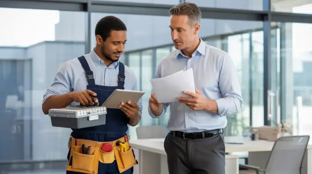 Commercial handyman service technician performing office repair and maintenance work indoors