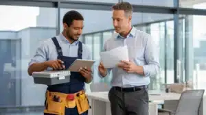 Commercial handyman service technician performing office repair and maintenance work indoors