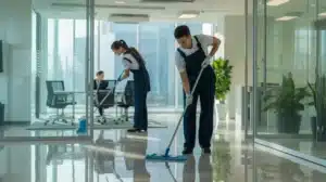 Commercial janitorial cleaning staff maintaining a clean and hygienic workplace office environment